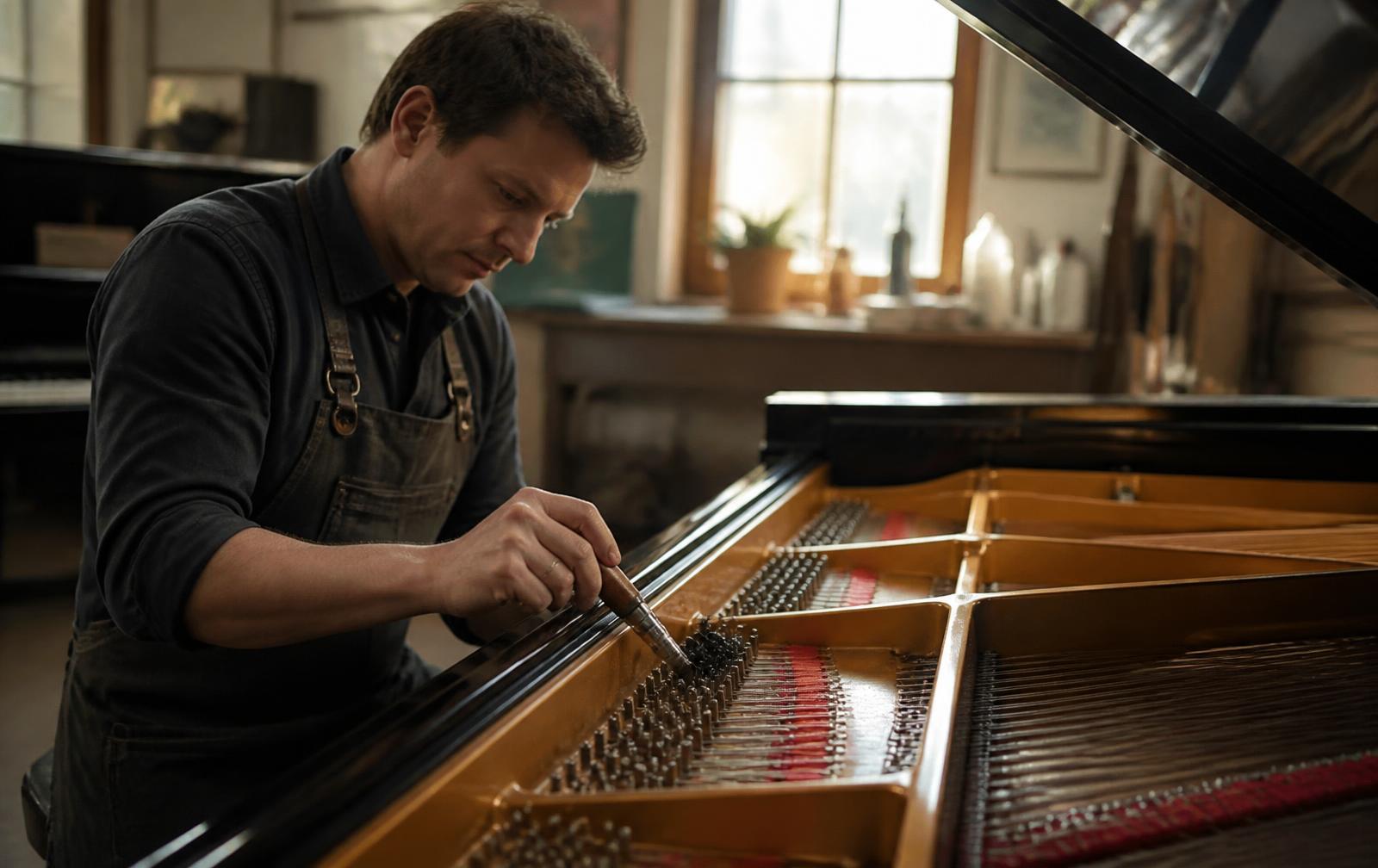 Technician servicing a grand piano at the Ivannique Co. workshop